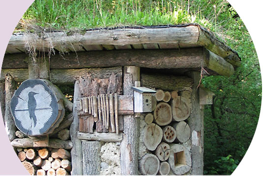 Insektenhotel in grüner Landschaft.